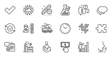 Web uygulaması için konuşma balonu, elektrik fabrikası ve bulmaca çizgisi simgelerinin ana hatları. Konuşma, bilgi, teslimat kamyonu taslak ikonu. Onaylanmış, Fikir, Kene simgeleri dahil. Vektör