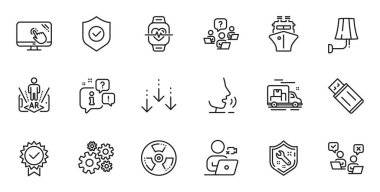 Web uygulaması için gemi, kardiyo eğitimi ve video konferans hattı simgelerinin ana hatları. Konuşma, bilgi, teslimat kamyonu taslak ikonu. Sertifikayı, dokunmatik ekranı, simgeleri kaydır. Vektör