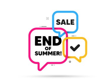 Yaz Satışı 'nın sonu. Kurdele baloncuk sohbet afişi. İndirim kuponu. Özel fiyat tabelası. Reklam indirimi sembolü. Yaz yapıştırıcısının sonu. Reklam afişi. Vektör