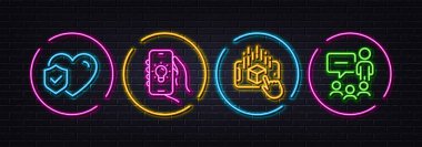 Hayat sigortası, elektrik uygulaması ve arttırılmış gerçeklik çizgisi simgeleri. Neon lazer 3D ışıklar. İnsanlar ikonlarla sohbet ediyor. İnternet, uygulama, baskı için. Vektör