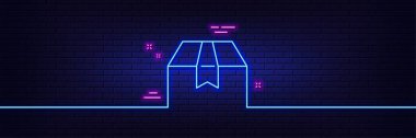 Neon ışık efekti. Paket kutusu çizgisi simgesi. Teslimat tabelası. Kargo malları sembolü. 3D çizgi neon ışıklı ikon. Tuğla duvar afişi. Paket kutusu özeti. Vektör