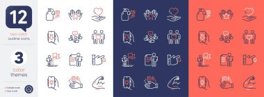 Takım çalışması, sıralama ve kan bağışı simgeleri. Liderlik, İndirme uygulaması, Güçlü kol simgeleri dahil. El yıkama, iş görüşmesi, elektrik uygulaması web elementleri. El çırpın. Vektör