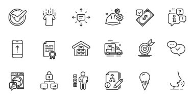 Onaylanmış, çalışma sürecinin ana hatları ve web uygulaması için satır simgeleri. Konuşma, bilgi, teslimat kamyonu taslak ikonu. Onaylanmış, dondurma, kilit simgeleri dahil. Vektör