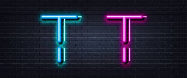 İlk harf T simgesi. Neon ışığı çizgisi etkisi. Çizgi tipografi karakteri işareti. Büyük bir yazı tipi harfi. Parlayan neon ışığı elementi. T harfi 3D parlıyor. Tuğla duvar afişi. Vektör