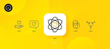 Love message, Genders and Hold heart minimal line icons. Yellow abstract background. Dating app, Atom icons. For web, application, printing. Dating service, Inclusion, Love brand. Electron. Vector clipart