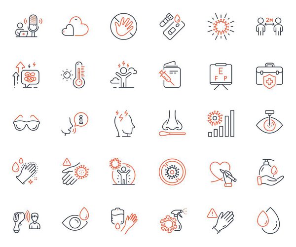 Набор медицинских икон. Включает в себя иконку в виде коронавирусной статистики, коронавирусной защиты и элементов медицинского страхования. Электронный термометр, глазные капли, иконки для мытья рук. Мыть руки. Вектор