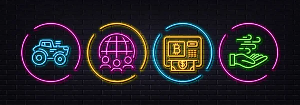Bitcoin Atm Tractor Und Global Business Minimal Line Symbole Neon — Stockvektor