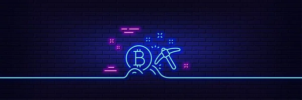 Neonový Světelný Efekt Ikona Dolování Bitcoinů Znamení Kryptoměna Mince Symbol — Stockový vektor