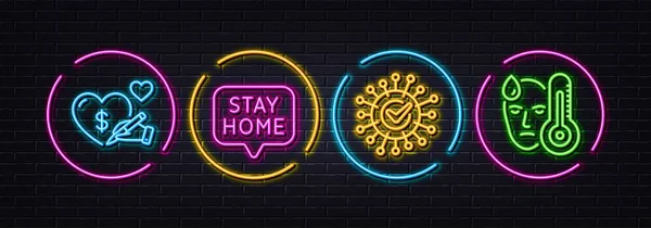 Social Care Coronavirus Stay Home Minimal Line Icons Neon Laser — Stock Vector