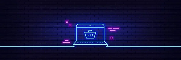 Neon Licht Gloed Effect Online Winkelwagen Lijn Pictogram Laptopteken Supermarkt — Stockvector