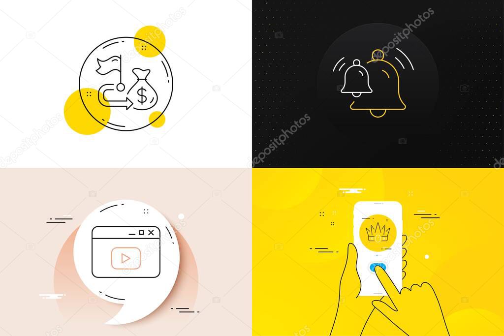 Minimal set of Bell, Video content and Financial goal line icons. Phone screen, Quote banners. Crown icons. For web development. Alarm bell, Browser window, Money budget. Monarchy king. Vector