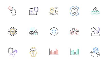 Seo dişlisi, mahkeme yargıcı ve dağıtım hattı simgeleri web sitesi, baskı için. Cilt bakımı koleksiyonu, çubuk diyagramı, hareket simgeleri. Gece yatağı, gemi, siber saldırı ağı. Vektör