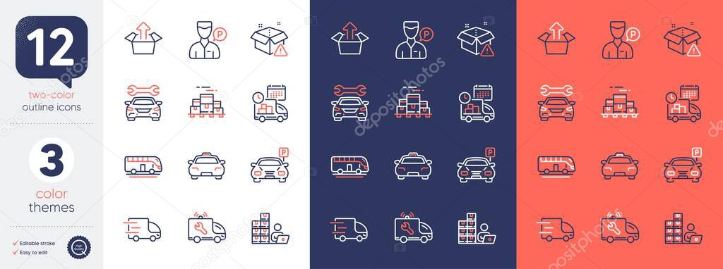 Set of Taxi, Send box and Boxes pallet line icons. Include Truck delivery, Delivery warning, Parking icons. Bus tour, Car, Inventory web elements. Car service, Valet servant. Vector