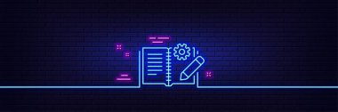 Neon ışık efekti. Mühendislik belgelendirme çizgisi simgesi. Teknik talimat işareti. 3D çizgi neon ışıklı ikon. Tuğla duvar afişi. Mühendislik belgelerinin taslağı. Vektör