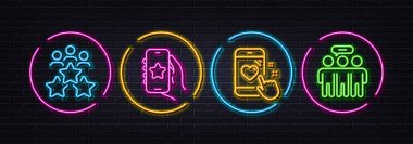 Favori uygulaması, iş toplantısı ve kalp notu en düşük çizgi simgeleri. Neon lazer 3D ışıklar. Çalışan grup simgeleri. İnternet, uygulama, baskı için. Akıllı telefon incelemesi, derecelendirme yıldızı, telefon görüşmeleri. Vektör