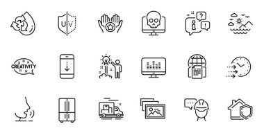 Web uygulaması için ultraviyole koruma, internet belgeleri ve yaratıcı fikir çizgisi simgeleri. Konuşma, bilgi, teslimat kamyonu taslak ikonu. Vektör