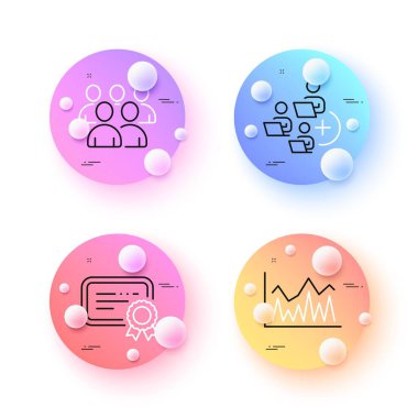 Add team, Group and Certificate minimal line icons. 3d spheres or balls buttons. Investment icons. For web, application, printing. Networking, Developers, Verified document. Vector