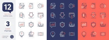 Set of People chatting, Swipe up and Money app line icons. Include Search people, Voting ballot, Cogwheel timer icons. Approved phone, Confirmed, Analytical chat web elements. Vector