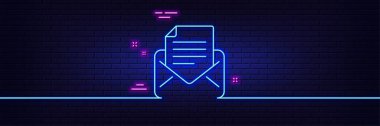 Neon light glow effect. Mail correspondence line icon. Read Message sign. E-mail symbol. 3d line neon glow icon. Brick wall banner. Mail correspondence outline. Vector clipart