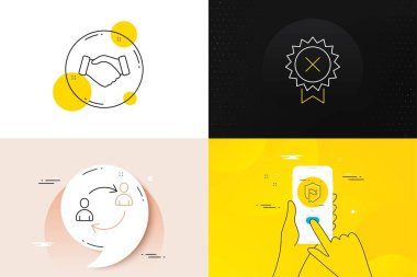 Minimum Kullanıcı iletişimi, Kalkan ve El sıkışma çizgisi simgeleri. Telefon ekranı, tırnak işareti. Madalya ikonlarını reddet. Web gelişimi için. İnsan kaynakları, güvenli, anlaşma eli. Vektör