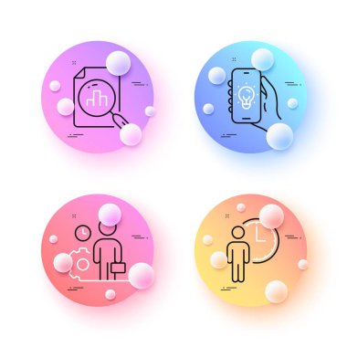 Analytics graph, Employee and Waiting minimal line icons. 3d spheres or balls buttons. Electric app icons. For web, application, printing. Chart report, Working process, Service time. Vector