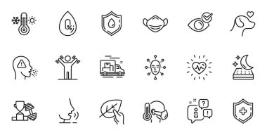 Kalp atışları, organik testler ve web uygulaması için termometre çizgisi simgeleri. Konuşma, bilgi, teslimat kamyonu taslak ikonu. Alkol yok, hasta adam, yüz biyometrisi ikonları. Vektör