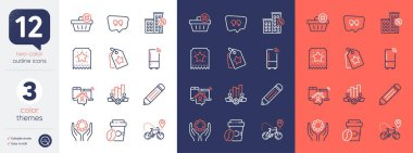 Sadakat etiketleri, bisiklet teslimatı ve buzdolabı hattı simgeleri. Kredi evi, işçi el, sadakat biletleri ikonları dahil. Alıntı balonu, iş yeri, takım çalışması web elementleri. Vektör