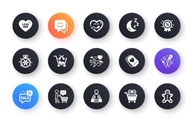 Minimal set of Smile face, Love ticket and Buyer flat icons for web development. Cross sell, Discount, Honeymoon travel icons. Shopping trolley, Discounts bubble, Christmas ball web elements. Vector