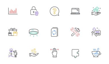 Çoklu görev jestleri, Led Lamba ve Bağış Para Hattı ikonları web sitesi, baskı için. Onarım Koleksiyonu, Bulmaca, Laptop simgeleri. Soru işareti, çay fincanı, belge web ögelerini güncelle. Vektör