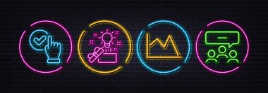 Yaratıcı fikir, Checkbox ve Satır çizelgesi simgeleri asgari düzeyde. Neon lazer 3D ışıklar. Simgelerle tanışma. İnternet, uygulama, baskı için. Mevcut kutu, Onaylandı, Finansal grafik. Takım işi. Vektör