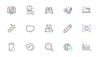 Sohbet mesajı, yaratıcı tasarım ve kimya laboratuvar çizgisi simgeleri web sitesi, baskı için. Mühendislik Koleksiyonu, Göz Tespit, Telefon Kurtarma simgeleri. Siber saldırı, zaman yönetimi. Vektör