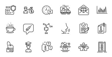 Web uygulaması için Zaman, Sallary ve Kimyasal formül çizelgesi simgeleri. Konuşma, bilgi, teslimat kamyonu taslak ikonu. Vektör