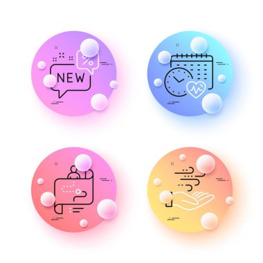 Yeni, Rüzgâr enerjisi ve Seyahat yolu simgeleri. 3 boyutlu küreler ya da top düğmeleri. Kardiyo takvim simgeleri. İnternet, uygulama, baskı için. İndirim, Breeze gücü, Proje süreci. Fitness zamanı. Vektör