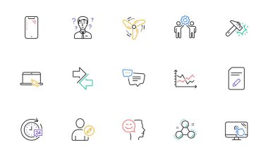 Belgeyi düzenle, iyi ruh hali ve web sitesi, yazdırma için satır simgelerini eşzamanla. Taşınabilir bilgisayar koleksiyonu, 24 saat teslimat, çekiç üfleme ikonları. Kullanıcıyı, Diyagram şemasını, Metin iletisi web ögelerini düzenle. Vektör