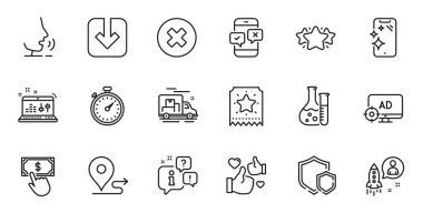 Web uygulaması için ana hatlı belge, Seyahat ve Başlangıç satırı simgeleri. Konuşma, bilgi, teslimat kamyonu taslak ikonu. Seo bloğunu, ödeme tıklamasını simgeler gibi dahil et. Vektör