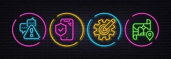 Warning Phone Insurance Cogwheel Minimal Line Icons Neon Laser Lights — Wektor stockowy