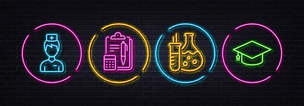 Arzt Buchhaltung Und Chemie Kolben Mit Minimalen Zeilensymbolen Neon Laser — Stockvektor