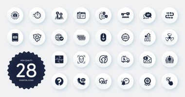 Euro parası, kimyasal tehlike ve dünya istatistikleri gibi bir dizi teknoloji ikonu. Soru işareti, kısa mesaj, sigorta madalyası web elementleri. İşe başla, 24 saat hizmet. Vektör