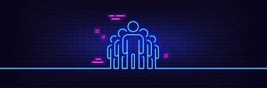 Neon ışık efekti. Grup çizgisi simgesi. İşletme yönetim tabelası. Takım çalışması sembolü. 3D çizgi neon ışıklı ikon. Tuğla duvar afişi. Grup özeti. Vektör