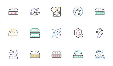 Yatak hattı simgeleri ayarlandı. Nefes alınabilir, hafıza köpüğü, lateks. Yıkanabilir yastık, yatak kenesi simgeleri. Hafif, doğal malzeme, cep yaylı yatak. Yatak maytı, antialerjik lateks. Vektör