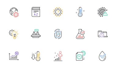 Web sitesi, yazdırma için fikir teçhizatı, sözcük dağarcığı ve soru işareti simgeleri. Kimya laboratuvarı koleksiyonu, çalışanlar konuşur, 5G istatistik simgeleri. Termometre, istatistikler, zaman yönetimi web elementleri. Vektör