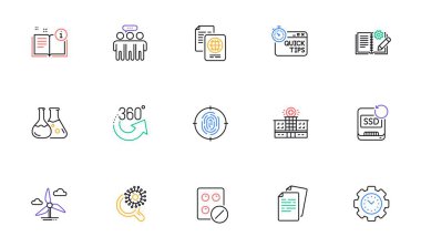 Tıbbi tablet, Coronavirus araştırması ve web sitesi ve baskı için 360 derecelik çizgi simgeleri. Hızlı ipuçları koleksiyonu, belgeler, çalışanlar grubu simgeleri. Pasaport belgesi, hastane binası. Vektör