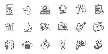 Web uygulaması için Kimya Deneyi, Başarı ve Teknik Bilgi Satırı simgeleri ana hatları. Konuşma, bilgi, teslimat kamyonu taslak ikonu. Vektör