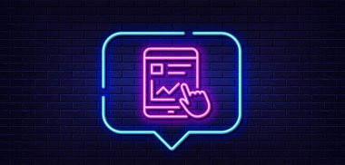Neon ışığı konuşma balonu. Çevrimiçi Eğitim Hattı simgesi. Tablet PC işareti. Grafik sembollü web sunumu. Neon ışıklı arka plan. İnternet raporları parıldıyor. Tuğla duvar afişi. Vektör