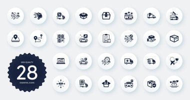 Kamyon teslimatı, web envanteri ve düz kutu simgeleri gibi bir dizi ulaşım simgesi. Ambulans acil durumu, uçak yolculuğu, paket kutusu web elemanları. Uçuşu iptal et. Çember düğmeleri. Vektör