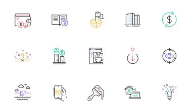 Teslimat yeri, ilham kaynağı ve web sitesi ve baskı için 5g internet hattı simgeleri. Kahve makinesi koleksiyonu, temiz cilt, bina simgeleri. Ab testi, Yardım, Cüzdan web elementleri. Evde çalış. Vektör