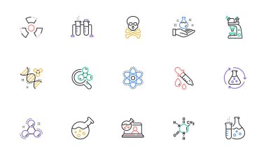 Kimya laboratuarı simgeleri. Kimyasal formül, mikroskop ve tıbbi analiz. Laboratuvar deney şişesi, reaksiyon tüpü, kimya laboratuarı ikonları. Doğrusal küme. İki renkli ağ elementleri. Vektör
