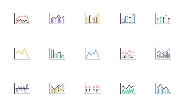 Çizelgeler ve grafikler çizgi simgeleri. Candlestick grafiği, Infochart ve Report diyagramı. Sunum doğrusal simgesi seti. İki renkli ağ elementleri. Vektör