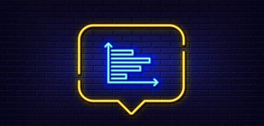 Neon ışığı konuşma balonu. Yatay çizelge simgesi. Sütun işareti. Piyasa analizi sembolü. Neon ışıklı arka plan. Yatay çizelge parlama çizgisi. Tuğla duvar afişi. Vektör