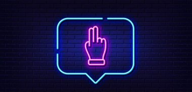 Neon ışığı konuşma balonu. El çizgisi simgesine tıklayın. İki parmak izi. Jest sembolü. Neon ışıklı arka plan. El feneri hattına tıklayın. Tuğla duvar afişi. Vektör